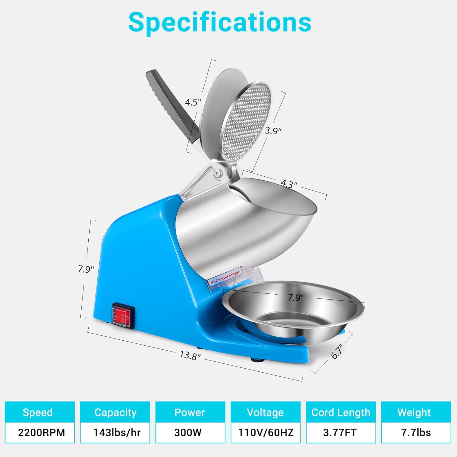 Dual Blade Ice Shaver Machine, 143 lbs/hr, 300W Electric Ice Crusher Machine with Extra Blades and Ice Pick for Home and Commercial Use, ETL-Listed, Silver